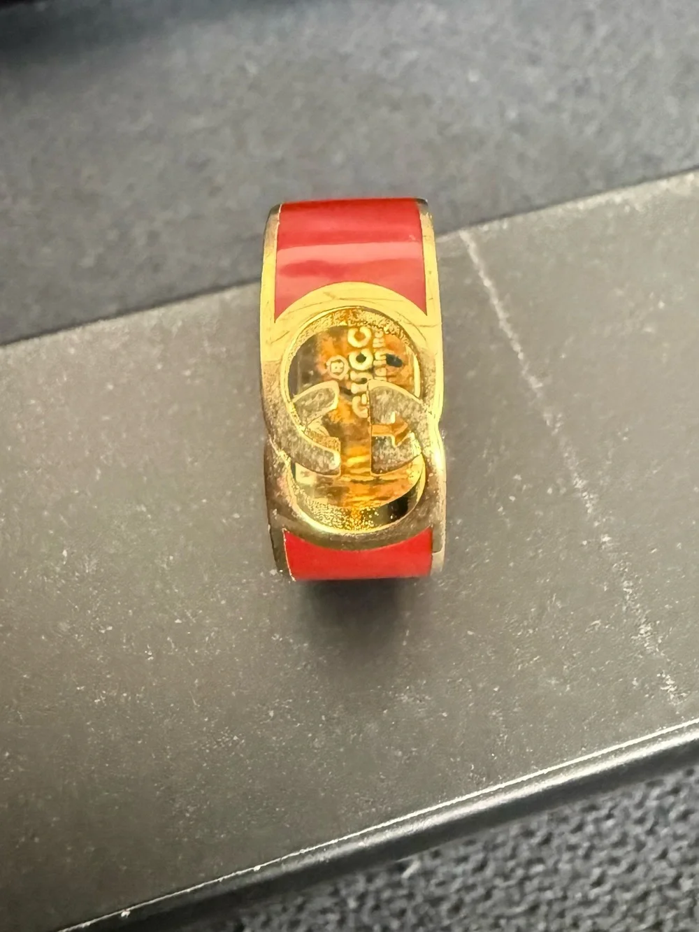 Gucci Gold-Tone Double G Ring with Red Enamel
